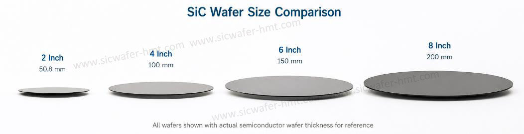 2 inch 4 inch 6 inch 8 inch SiC wafer size comparison